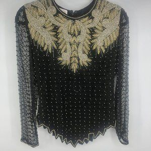 Laurence Kazar Beaded Blouse Top Metallic Medium